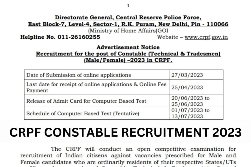 CRPF Recruitment 2023, Constable Tradesman Application Form